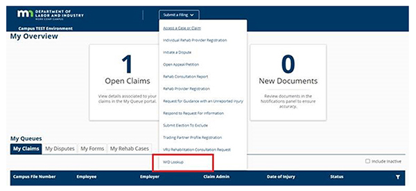 Screenshot showing the worker identification (WID) number lookup function in Work Comp Campus