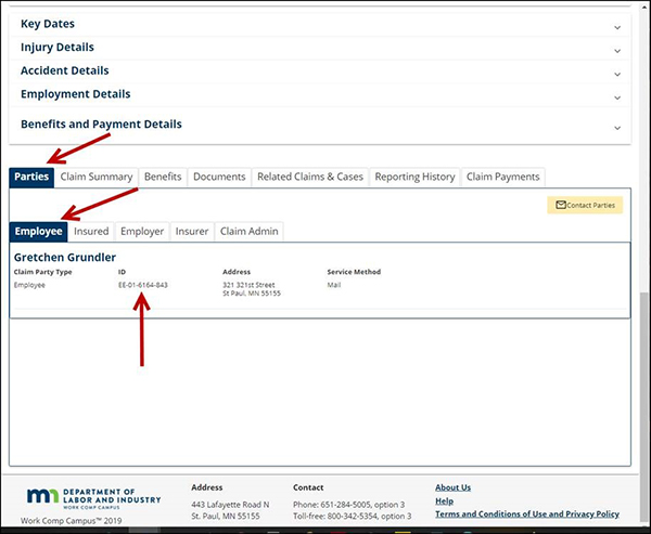 Screenshot:  Worker identification (WID) number lookup in Work Comp Campus