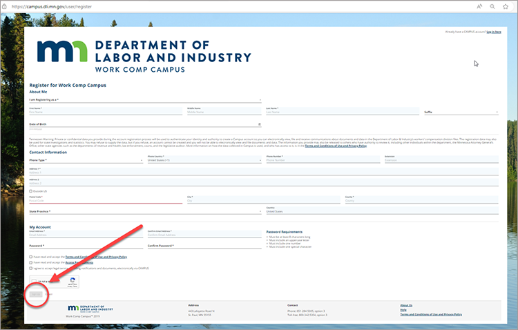 Work Comp Campus account creation form